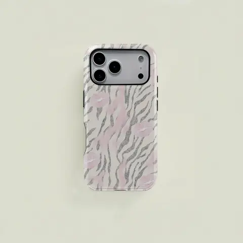 Pink and gray zebra stripe style, cute watercolor lip pattern protective case, sturdy and durable 2 in 1 case, compatible with iPhone 18/17/16/15/14/13/12/11 Pro Max/Plus/Pro, Samsung Galaxy S26/S25/S24/S23 simple and stylish phone case., Acces