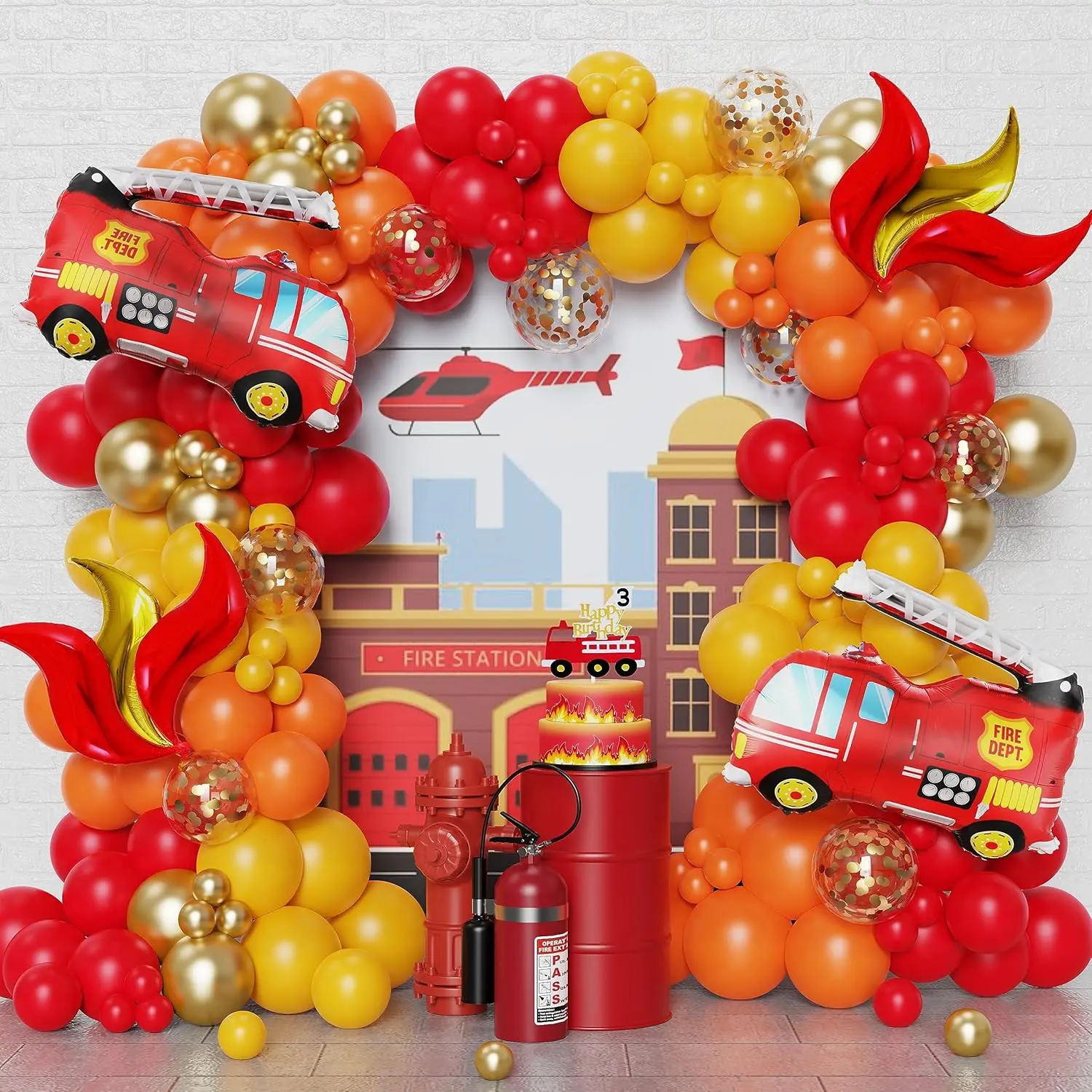 144Pcs Firefighter Party Balloon Kit – Red, Yellow & Gold Garland with Fire Truck Foils for Rescue Theme, Birthday, or Fireman Party Decor