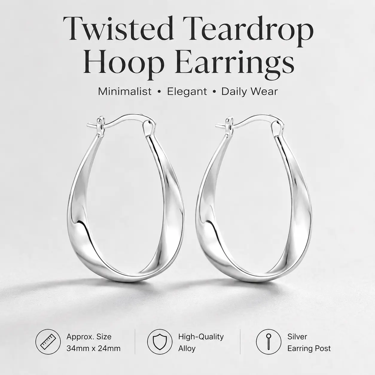 Women's Hoop Earrings, Silver Tone Twisted Teardrop Style, Lightweight 24mm Elegant Costume Jewelry for Daily Wear or Special Occasions, Twisted Look, Feminine, 24 Mm, 34 Mm X 24 Mm