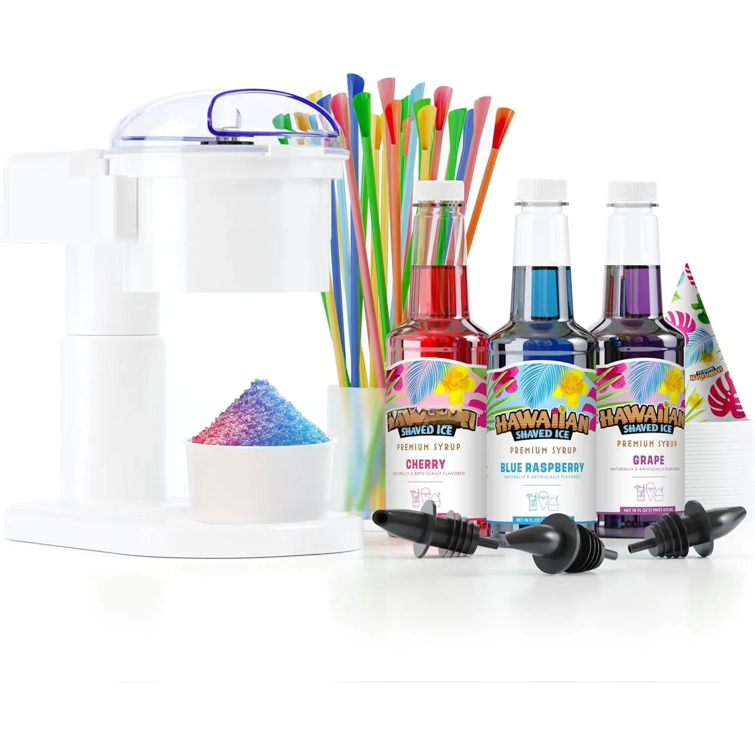 S700 -Friendly Snow Cone Machine Kit with 3-16oz. Syrup Flavors: Cherry, Grape, and Blue Raspberry, Plus 25 Snow Cone Cups, 25 Spoon Straws, and 3 Black Bottle Pourers