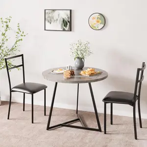 Dining Table Set for 2, Round Kitchen Table with 2 Upholstered Chairs, 3-Piece Rustic Gray Dining Furniture Ideal for Small Spaces, Apartments & Studios