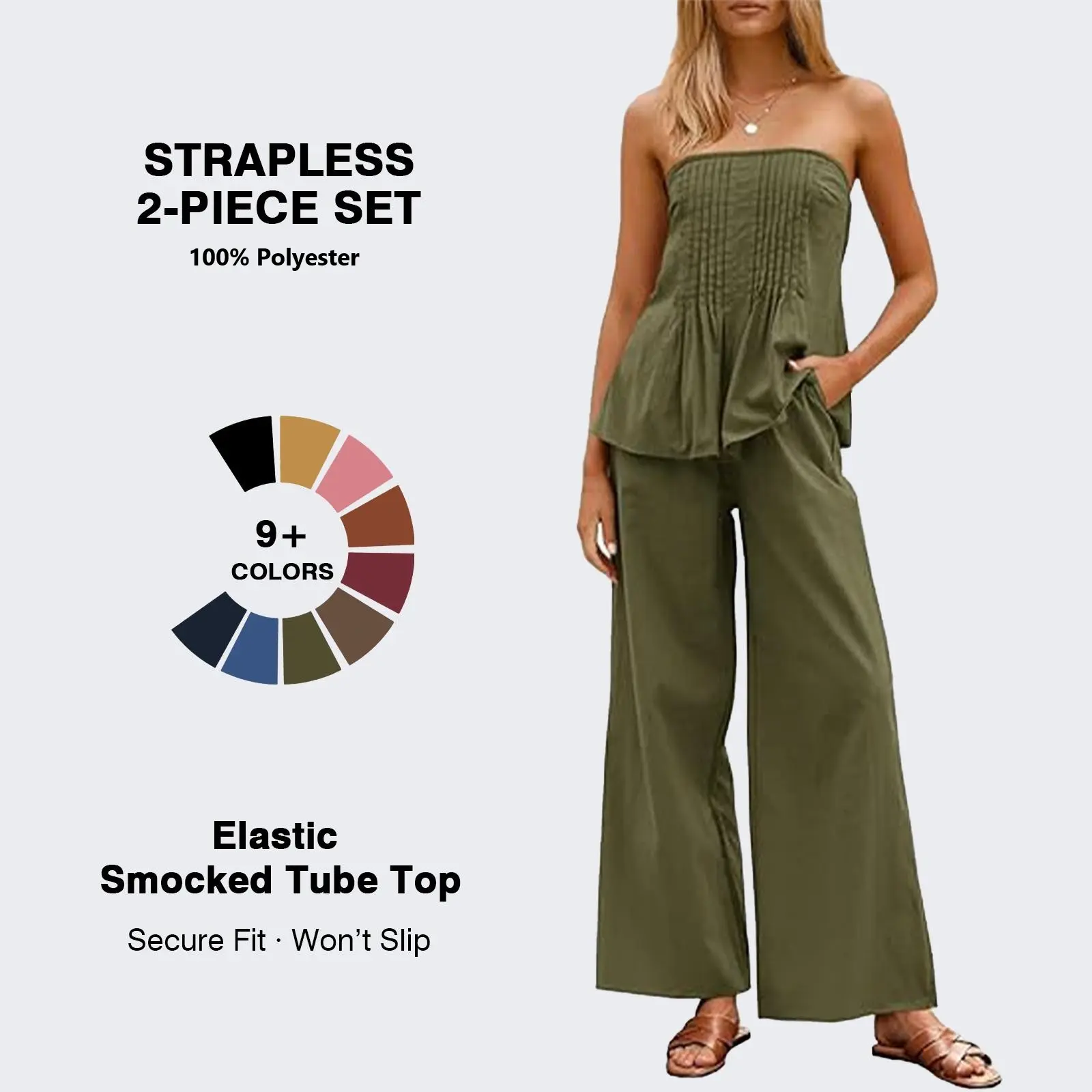 TANKANEO Women's Sleeveless 2-Piece Matching Set, Strapless Pleated Tube Top & Elastic Waist Straight Wide Leg Pants, Lightweight Polyester Beach Casual Lounge Outfit, 2 Piece Sets, Matching Sets For Women, Women's Matching Sets