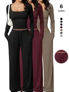 New Women's 2PCS/6PCS Square Neck Long Sleeve Top with Drawstring and Pockets, Wide Leg Pants Set, Casual Fashion Home Wear