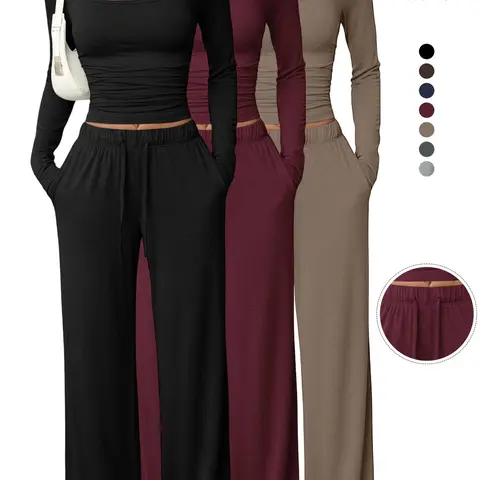 New Women's 2PCS/6PCS Square Neck Long Sleeve Top & Wide Leg Pants with Adjustable Drawstring and Pockets, Basic Casual Home Wear, Cozy Lounge Set, Womenswear