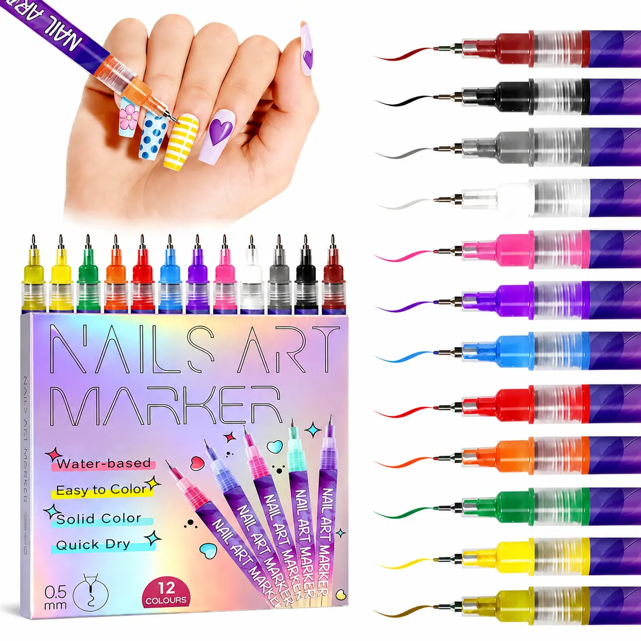 Kids Nail Art Kit, 12-Colors Nail Art Markers for Kids, Non-Toxic Washable Nail Pens for Girls , Quick Dry Easy Clean DIY Manicure Set, Summer Vacation Nail Art, Beach & Pool Party Activity,Gift for Girls, Birthday Gift, Travel Fun Kit