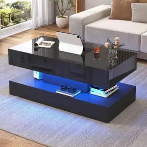 39.4"/47.2" Large Lift Top Coffee Table With Charging Station, LED Modern High Glossy Center Table With Hidden Compartment Storage, Lift Living Room Tables