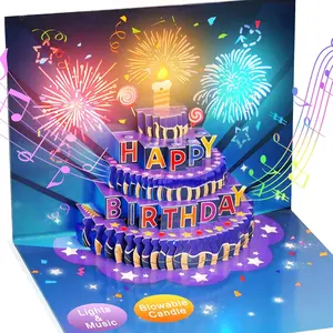 Fireworks Birthday Cards, 3D Pop Up Blowable Birthday Cake Greeting Cards with Lights Music, Happy Birthday Gifts for Women Men Kids Mom Dad Grandma