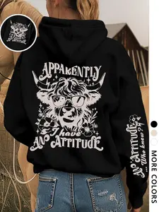 【Plus Size】 Letter & Animal Print Hoodie, Graphic Sweatshirts, Casual Thermal Lined Long Sleeve Hooded for Fall & Winter, Women's Clothing for Daily Wear