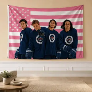Pink American Style Hockey Tapestry, Off Campus, Retro Sports Wall Decor, Trendy Dorm Room Hanging, Modern Athlete Inspired Bedroom Art