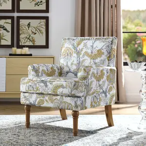 Accent Chair, Floral Armchair, Nailhead Trim, Gold and Grey Decor, Solid Wood Legs, Farmhouse Furniture, Upholstered Slipper Chair, Side Chair, Traditional Print, Living Room.WL