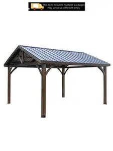 【5/6 Packages Shipping】YODOLLA 14ft x 12ft Hard-Top Gazebo, Cedar Frame Wood Gazebo, Arlington Polycarbonate Pyramid Hip Roof for Garden, Backyard, Black-Brown Roof and Natural Wood Frame