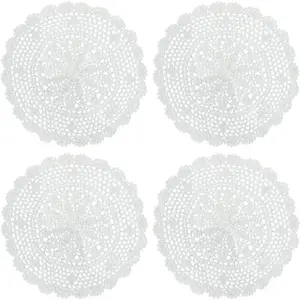 Crochet Doilies Handmade Round Cotton Lace Table Placemats Knitted Tablecloth,   Rippled Edge, Pack of 4 (12 Inch, White)
