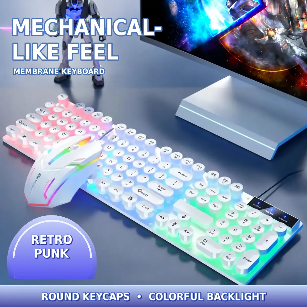 USB Wired RGB Gaming Keyboard - External Computer Keyboard for Gamers, PC/Laptop Gaming Setup Accessories with Rainbow Lights, Mechanical-Style Round Keycaps, Floating Key Design, Ergonomic Support
