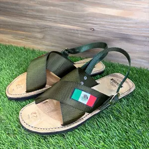 Mexican Crossed Huarache Sandal with Olive Green Straps and Authentic Mexican Flag