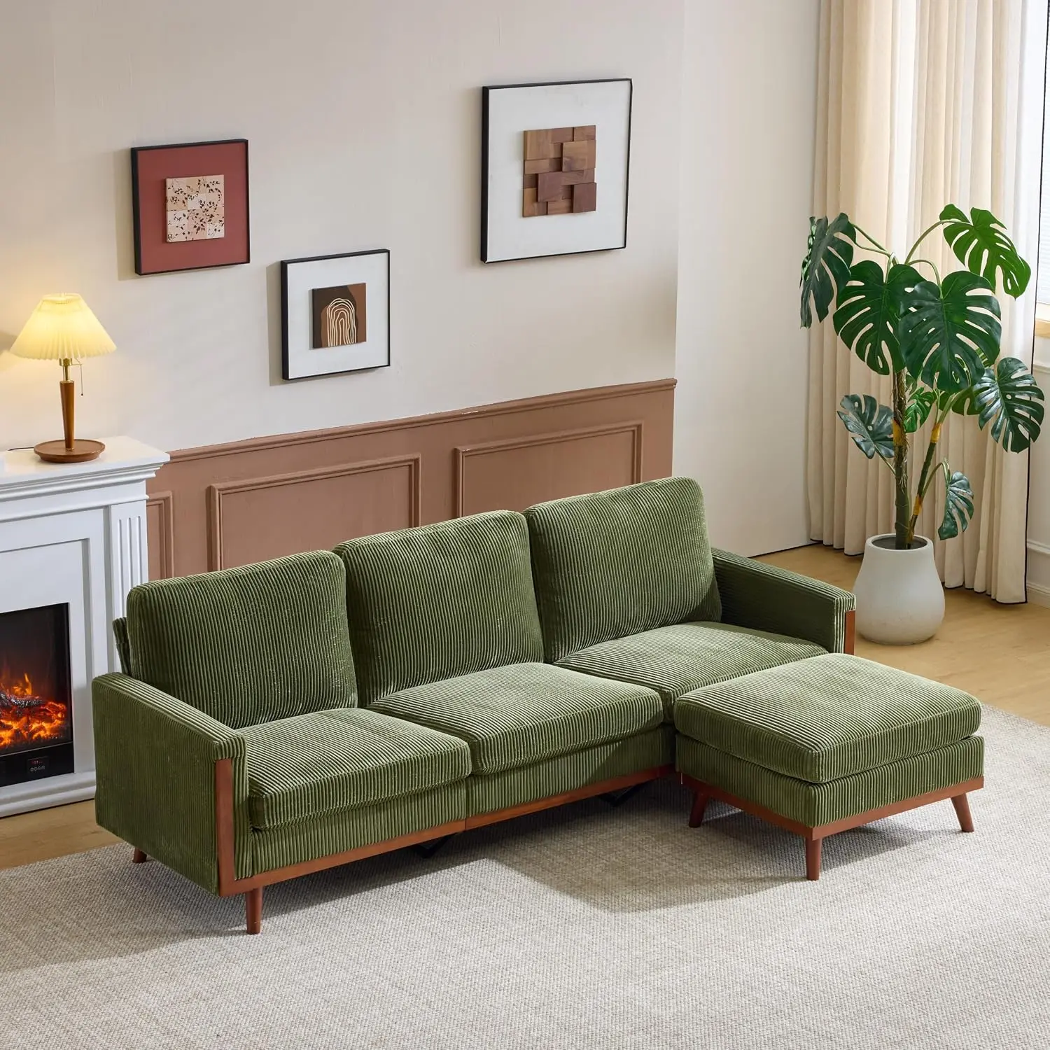 Karlhome 94"L-Shape Sectional Sofa with Movable Ottoman for Living Room,Green | Mid Century Modern Mudular Couch with 6.3" Thick Cushion & Wood Legs,3-Seat Corduroy Sofa,Small Space Apartment Furniture
