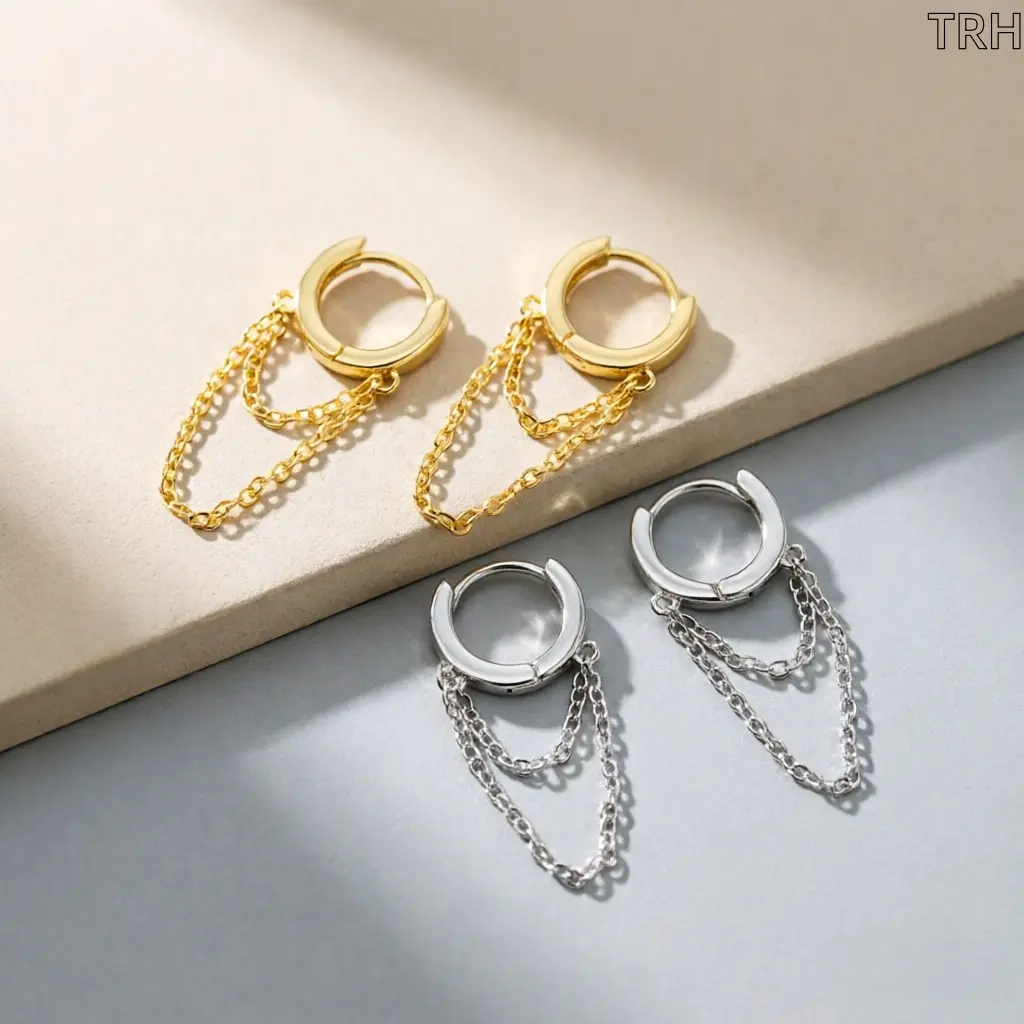 Double Layer Chain Huggie Hoop Earrings for Women, Dainty Minimalist Drop Ear Jewelry, Elegant Trendy Daily Accessory, Nice Birthday Holiday Gift for Young Ladies
