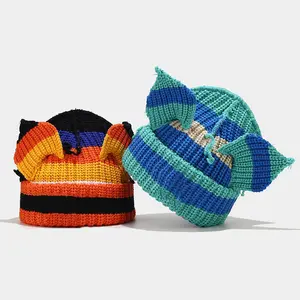 Double Layer Cute Pig Cat Ear Knitted Hat Fashion Versatile Multi-Color Patchwork Warm Wool Hat