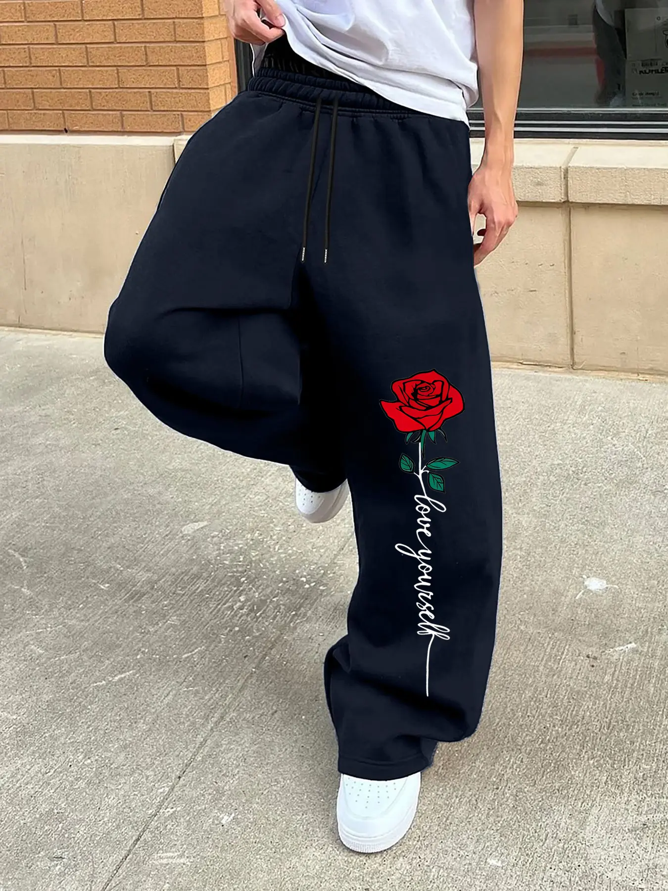 Men's Fashion Casual Street Style Straight Leg Loose Fit Floral Print Bottom Elastic Waist Sweatpants, Comfortable Graphic Pants for All Seasons, Trendy Rose Design