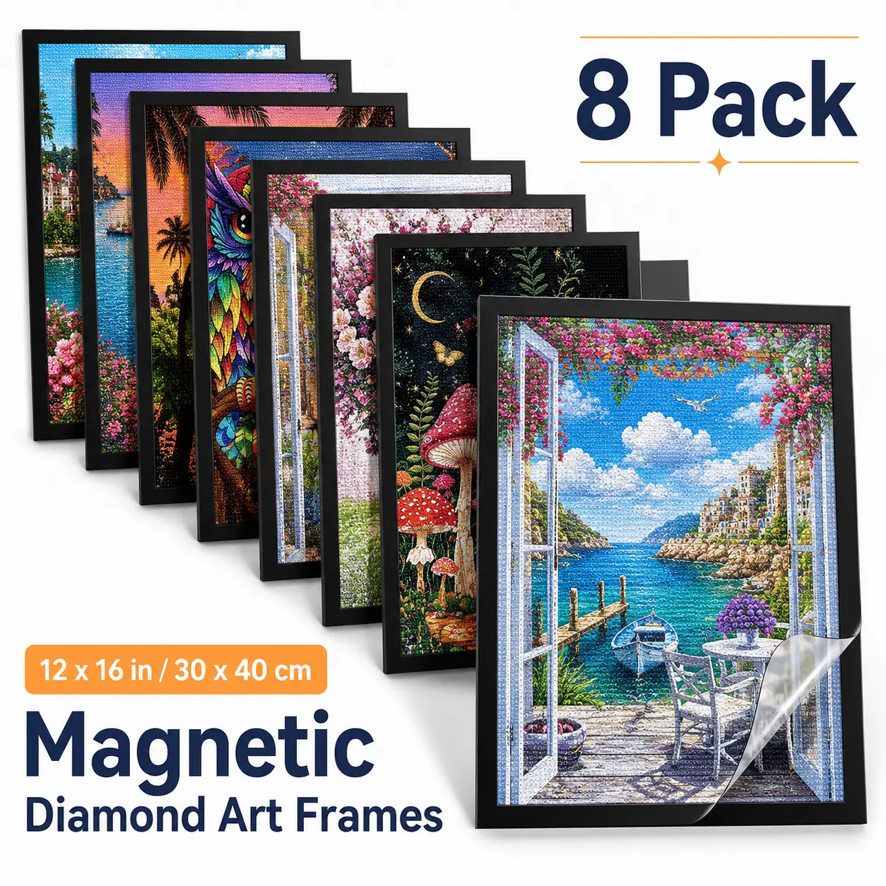 8 Pack Magnetic Diamond Art Frames for 12 x 16 in / 30 x 40 cm Diamond Paintings, Self-Adhesive Poster Frame, Easy Install Wall Display Frame for DIY Art, Craft Room, Bedroom & Office Decor