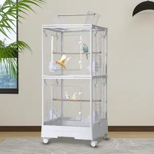 Double-Layer Removable Bird Cage with Play Roof, Rolling Wheels, Perches, Drip Cup, Removable Tray, Spacious 44 Inch Aviary for Budgerigars, Parakeets, Canaries, Small Parrots