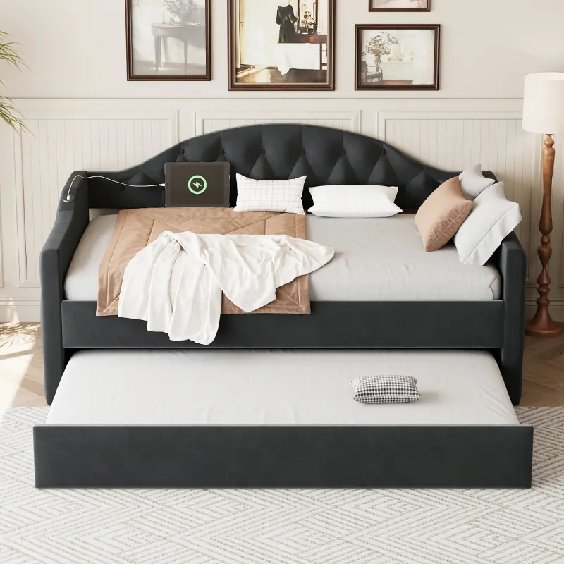 Twin Size Upholstered Daybed with Trundle ,Velvet Sofabed Twin Platform Bed Frame with USB&Type-C Charging Ports,No Box-spring Needed