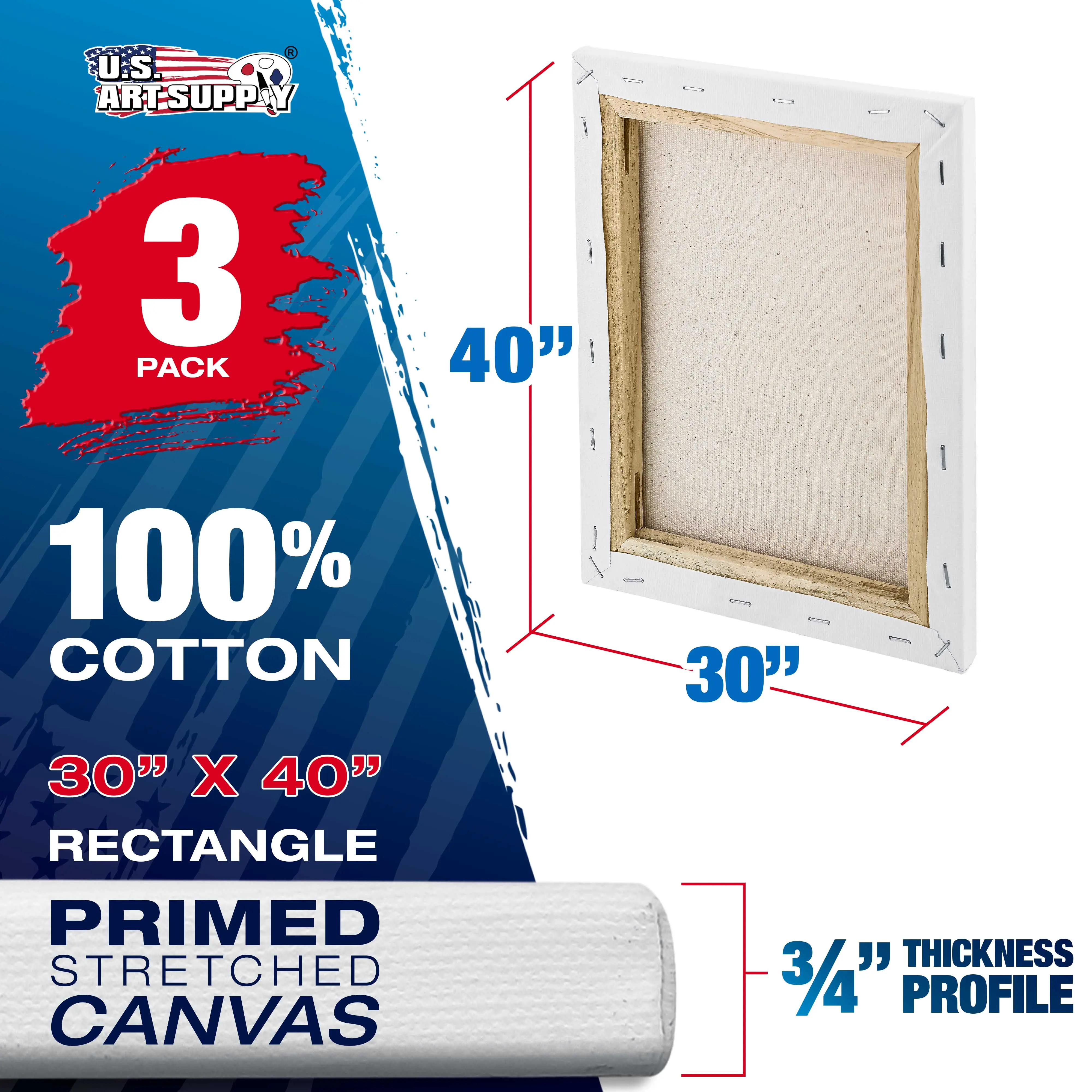 30 x 40 inch Stretched Canvas 12-Ounce Triple Primed, 3-Pack - Professional Artist Quality White Blank 3/4" Profile, 100% Cotton, Heavy-Weight Gesso
