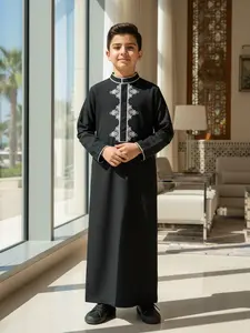 Muslim Traditional Boy Thobe, Silver Color Embroidered Stand Collar, Long Sleeve Side Pockets, Suitable for 8-12 Years Old Boys