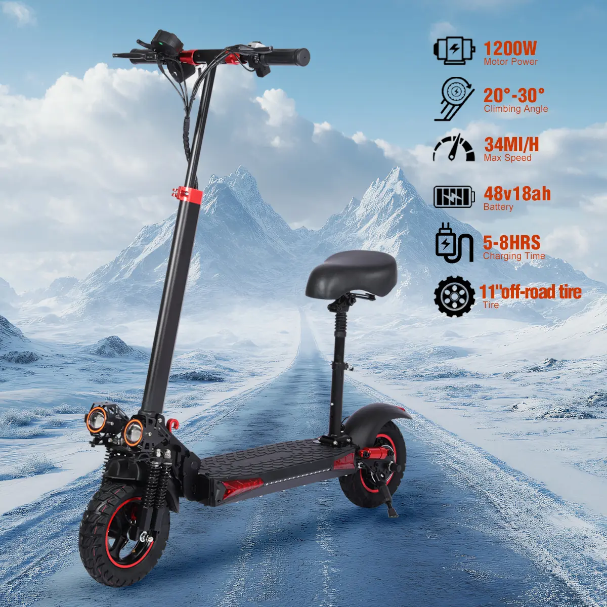 Garmee J-11MAX Lightweight Foldable Electric Scooter, 35MPH, 1200W Motor, 48V 18Ah Battery, 40Miles Range, LED Screen, Double Disc Brake, 330lbs Load Capacity, Foldable Seat, Lightweight Foldable Scooter