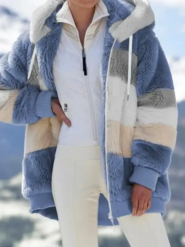 Women's Colorblock Drop Shoulder Polar Fleece Coat, Fashion Casual Long Sleeve Zip Up Warm Outerwear For Daily Wear, Women's Clothing