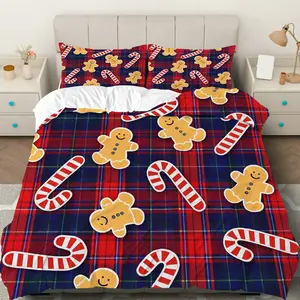 3PCS Duvet Cover Set, 1 Duvet+2 Pillowcases(Without filler), Gingerbread Candy Cane Plaid Festive Holiday theme, Christmas bedding set, Cozy Warm Decorative Suitable for decoration bedroom living room guest room dormitory.