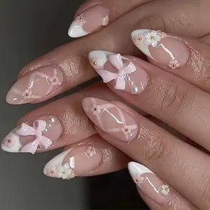 Bow & Flower & Pearl Decor Fake Nails with Nail File & Tape, 24pcs French Almond Shape Press on Nails for Women DIY Nail Art, Elegant Stick on Glossy Finish Nails Kit