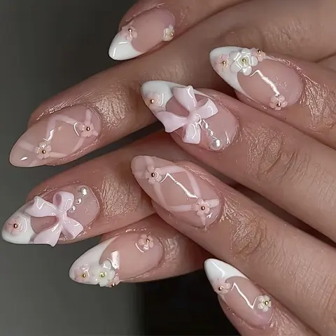 Bow & Flower & Pearl Decor Fake Nails with Nail File & Tape, 24pcs French Press on Nails for Women DIY Nail Art, Elegant Stick on Nails Kit, Decorative Nails
