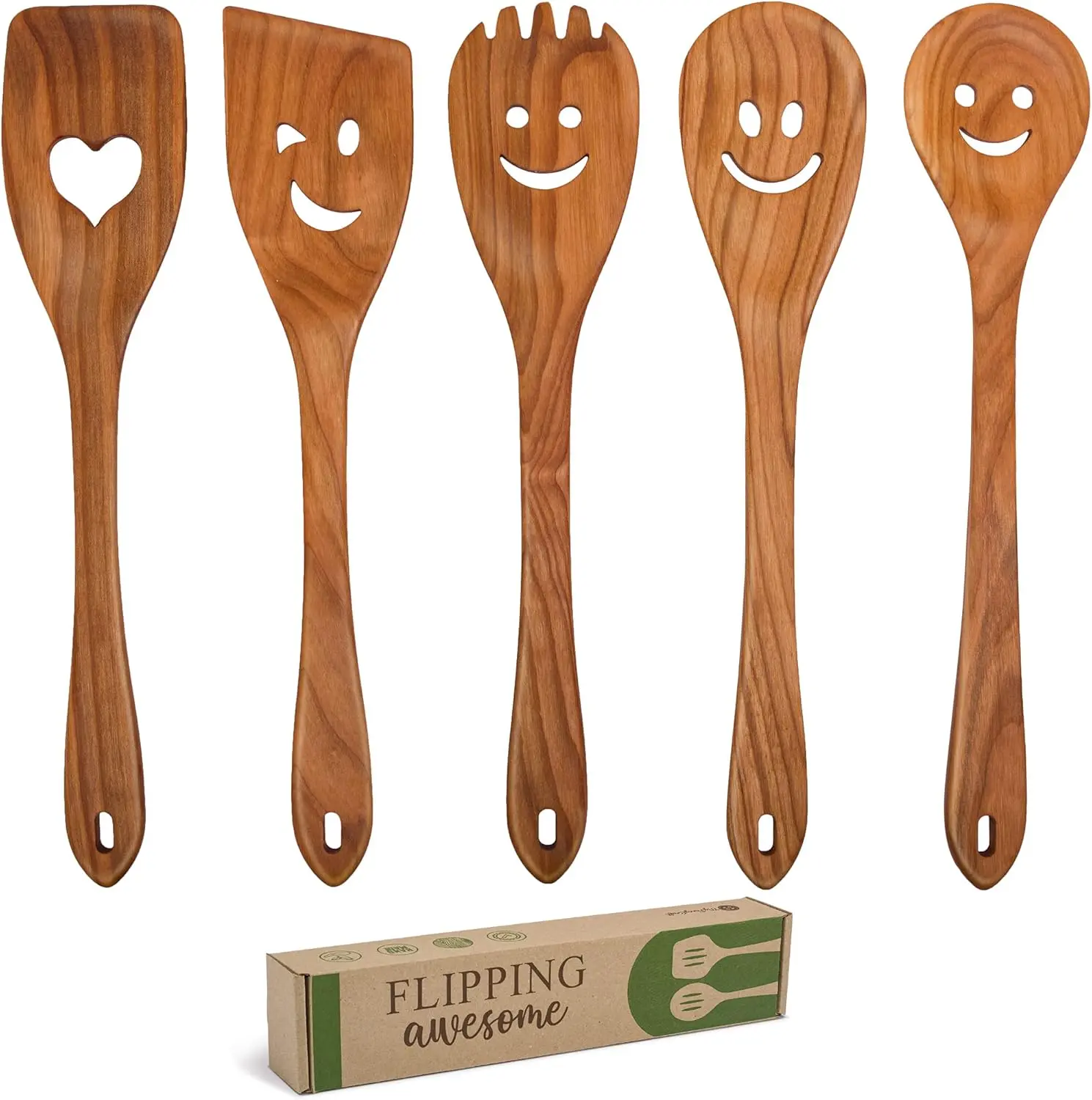 MFC 5- Wooden Cooking Spoons - Kitchen Spatula Set from  Cherry  - Wooden Spoons for Cooking - Funny Utensil Set with Smiley Faces - Cooking Multipurpose  Utensils