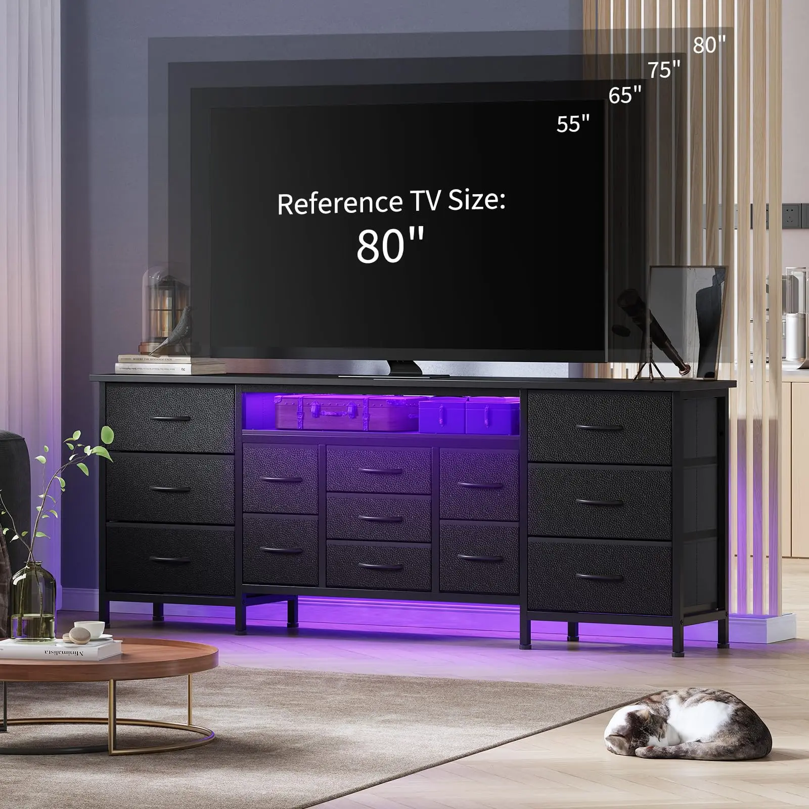 70 Inch Long Dresser with 13 Drawers, TV Stand for 65-80 Inch TV with Charging Station & LED Lights, Fabric Storage Organizer for Living Room, Black
