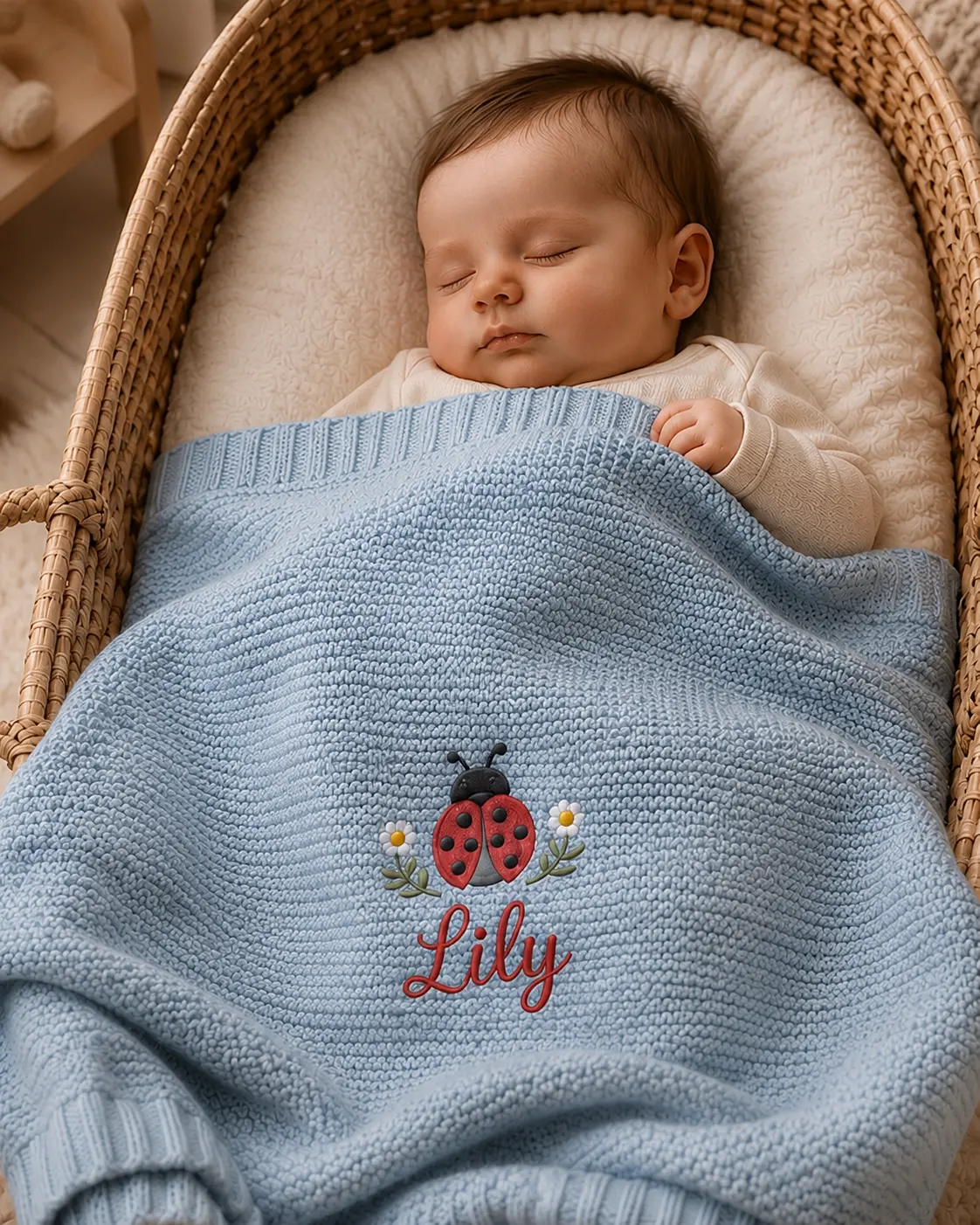 [Made-to-Order] Personalized Ladybug Embroidered Name Blanket, Custom Daisy Insect Knit Blanket, Wildflower Botanical Blanket, Cottagecore Nursery Decor, Newborn Gift