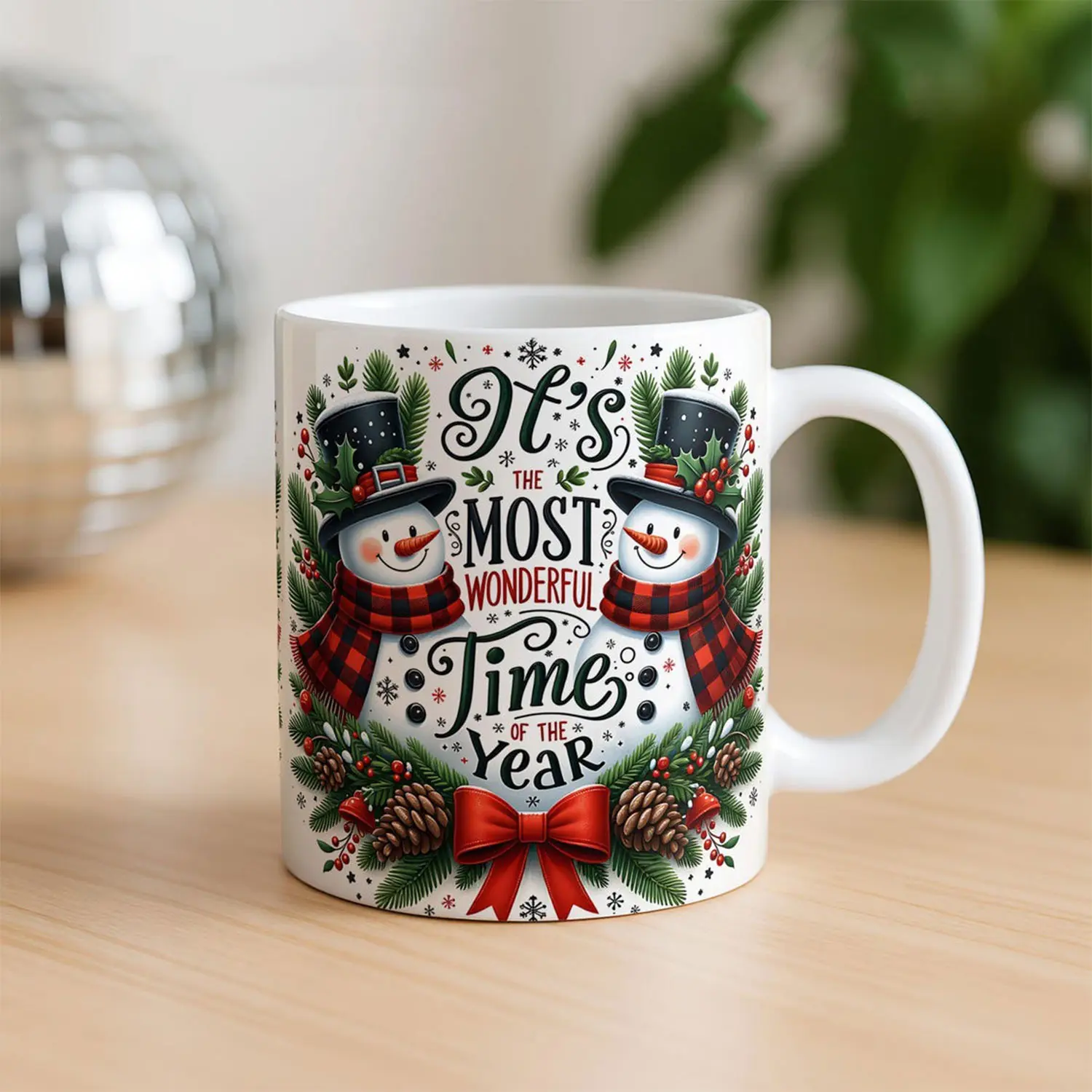 Cute Snowman Christmas Mug, “It’s the Most Wonderful Time of the Year” Holiday Coffee Cup Gift for Family & Friends