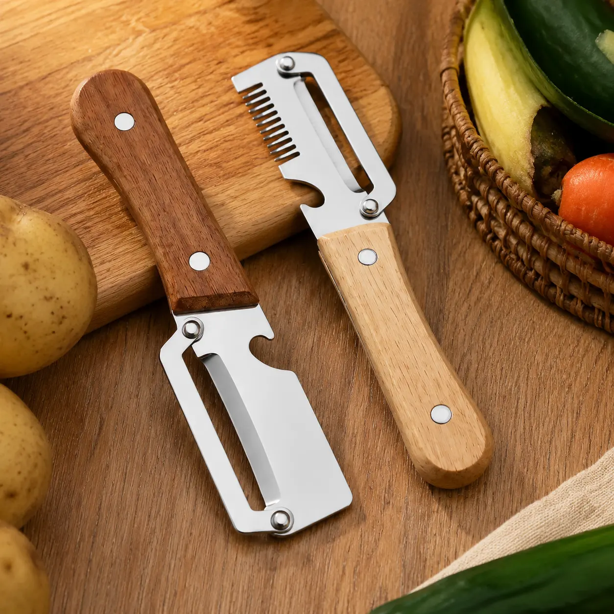 Multifunctional Kitchen Peeler Set with Retro Solid Wood Handle and Stainless Steel 3-in-1 Blades, Handheld Peeling Shredding and Bottle Opening Tools for Home Kitchen Cooking and Outdoor Camping, Home Essentials