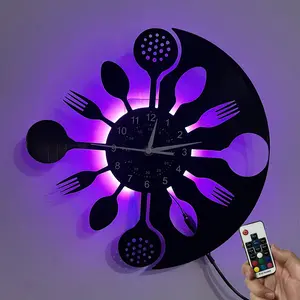 Record player wall art clock, with colorful LED lights on the back, capable of changing to various colors. Kitchen theme. Suitable for home decoration, hotel decoration, office decoration, birthday gifts, festival gifts, graduation gifts.