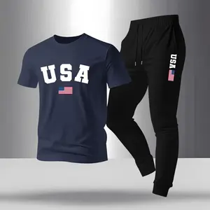 Men's USA print T-shirt and drawstring belt sweatpants two-piece set, regular fit crew neck short-sleeved T-shirt and jogging pants, summer casual top and sweatpants.