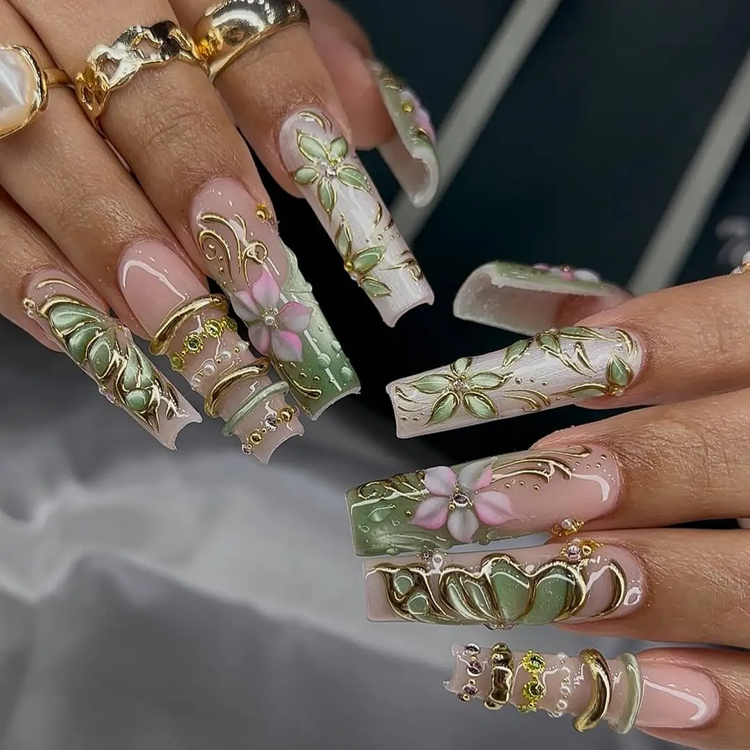 Emily Nails | Luxury Jade Blossom Press On Nails Green Gold 3D Flower Long Coffin Fake Nails Reusable