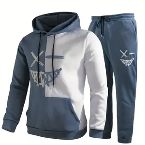 Men's Colorblock Emoji Print Pocketed Long Sleeve Hoodie Sweatshirt + Drawstring Elastic Waist Sweatpants Tracksuit to 6X Big & Tall