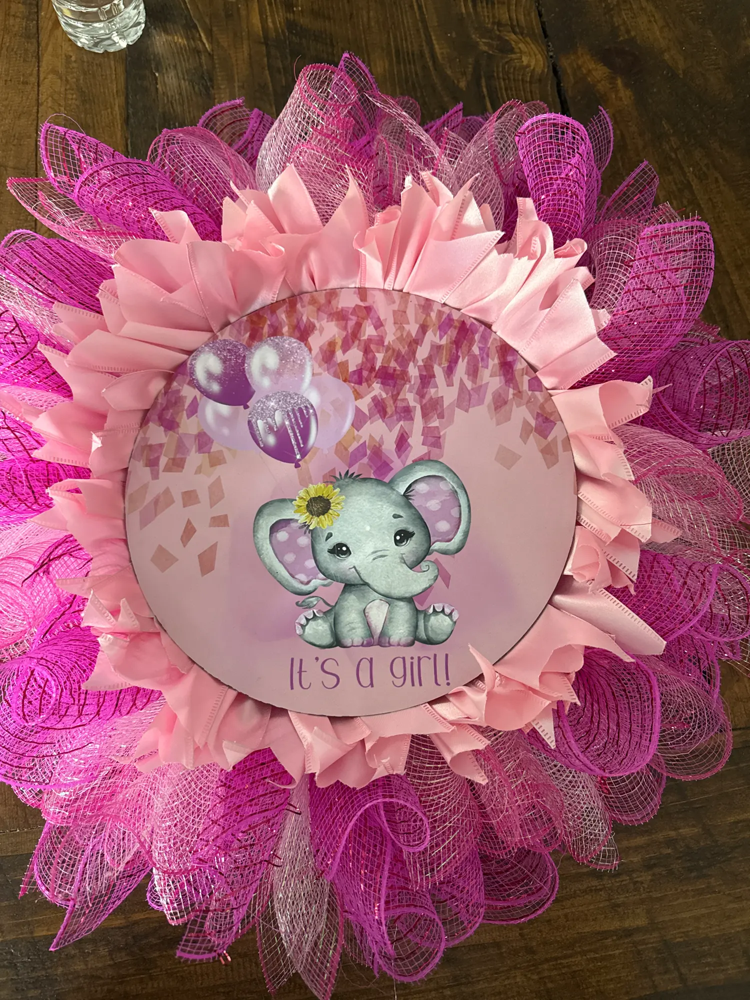 "IT'S A GIRL" Door Wreath with Adorable Elephant Design in Pink and Purple Colors for Baby Announcements