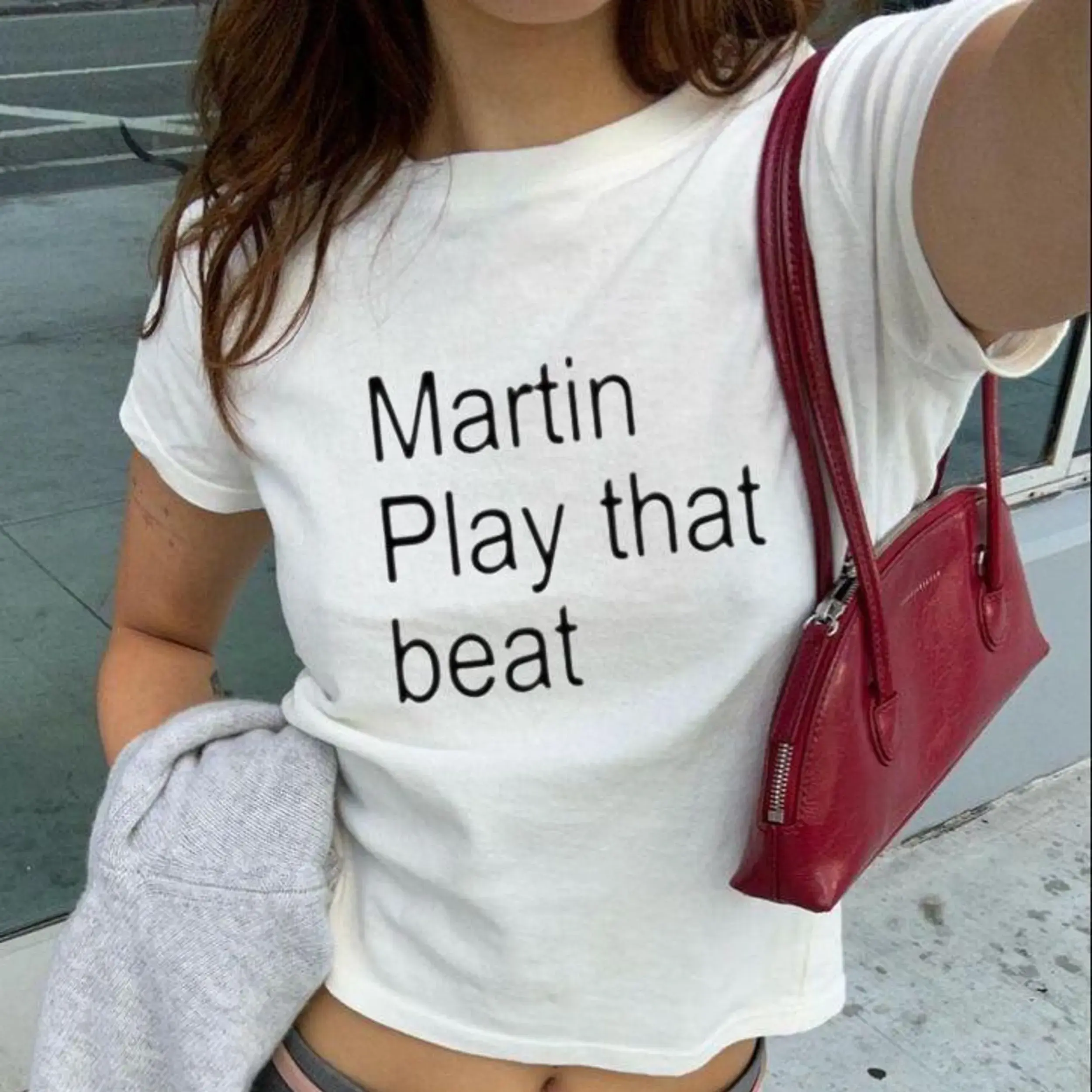 Martin Play That Beat Graphic Baby Tee, Kpop Play That Beat Y2K Women's Fitted T-Shirt, 90s Retro Music Women's Baby Tees, Gift for Her