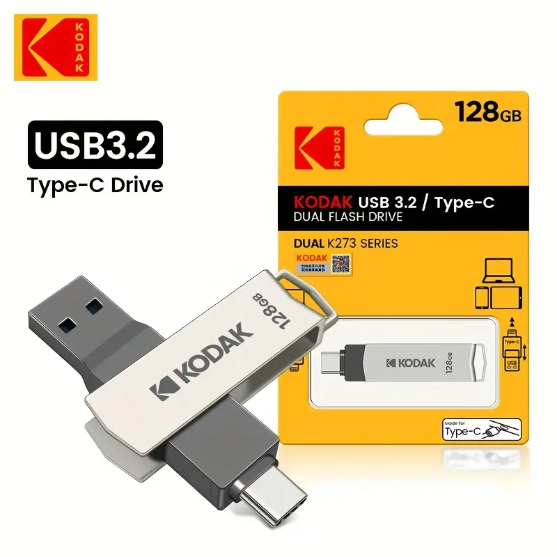 [Clearance Sale] Kodak K273 2-in-1 Dual-Interface Portable Flash Drive – USB 3.2 compatible, available in 64GB/128GB capacities, featuring a Type-C connector and keychain design; compatible with both smartphones and computers.