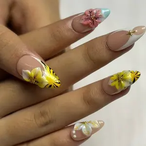 Y2K Flower Press On Nails Red White & Yellow Glossy Retro Beach Vibe Easy Application 10 Nails 20 Tabs Strong Glue Bottle Mini File Manicure Wooden Stick Alcohol Pads