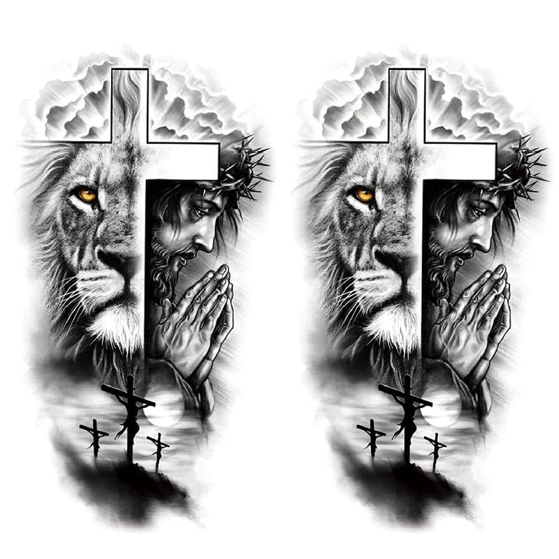 2 Sheets Waterproof Fake Forest Lion Jesus Cross Old School Arm Leg Temporary Tattoo