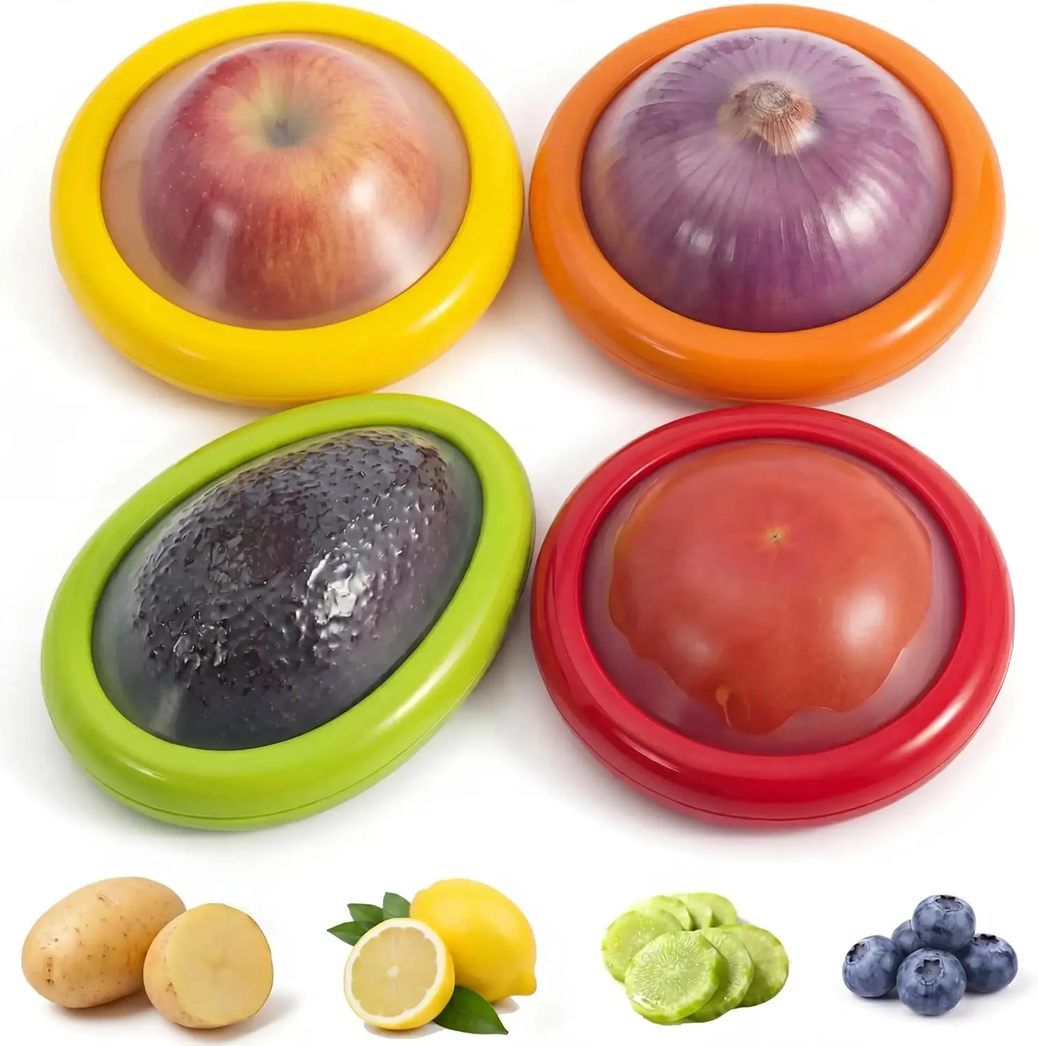 Set of 4 Food Popz Storage Containers | Fruit and Vegetable Anti-Oxidation Storage Box for Avocado, Onion, Lemon & Tomato | Fresh Pod Reusable Fruit Antioxidant Storage for Fridge | BPA-Free Box