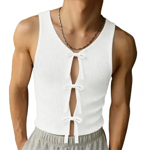 INCERUN Men's Ribbed Knit Bow Knot Tank Top - Cutout Coquette Aesthetic Soft Boy Sleeveless Menswear Fashion Vest, Valentine's Gift