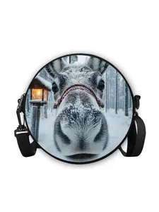 1 Winter Forest Donkey Snow Scene Small Round Crossbody Bag | Adjustable Strap & Zipper Closure, Durable Lining, Casual Fashion Bag for Daily Use
