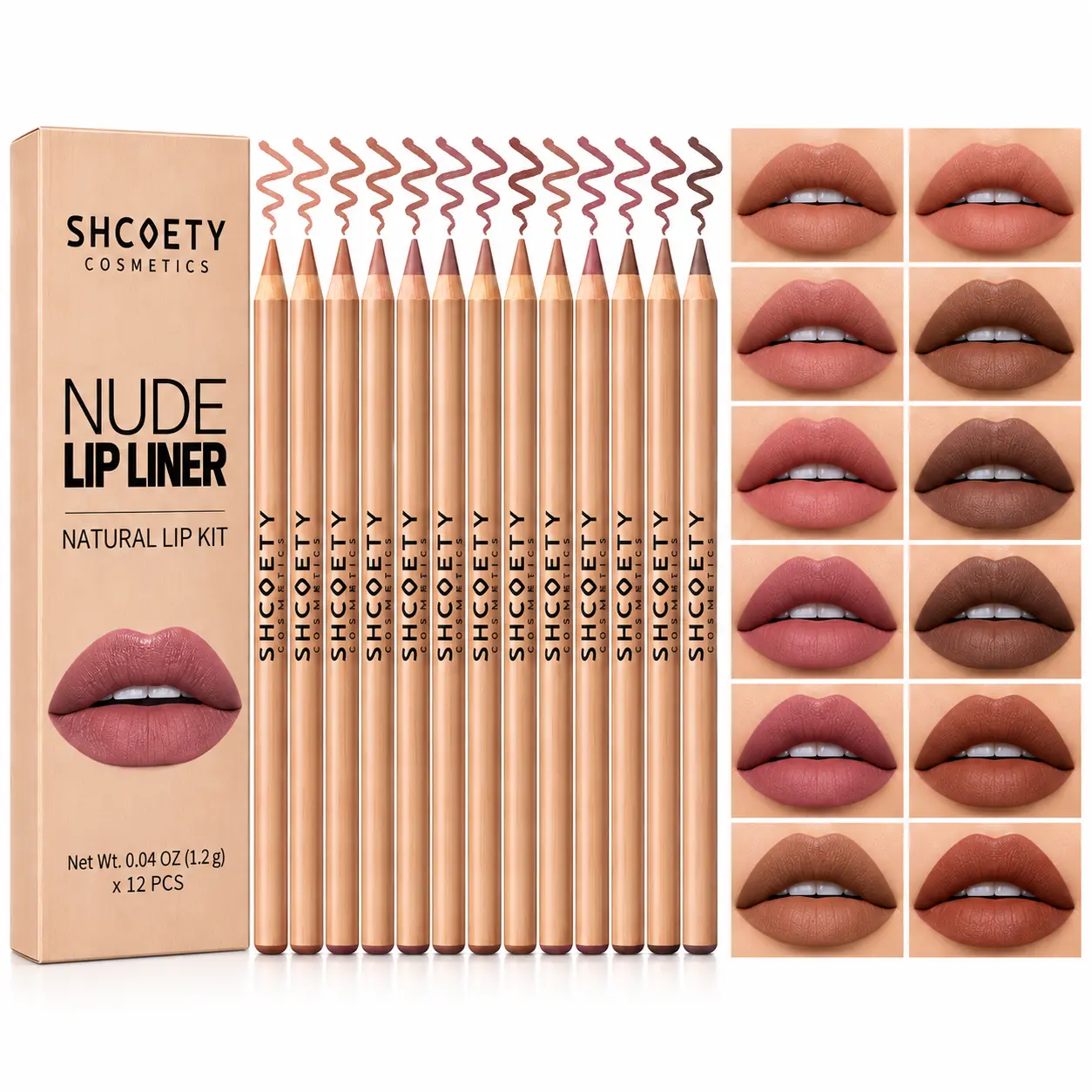12Pcs Creamy Matte Wood Lip Liner Pencil Set, Smooth Long-Lasting Defined Makeup, Nude Brown Pink Red Shades, Lip Liners
